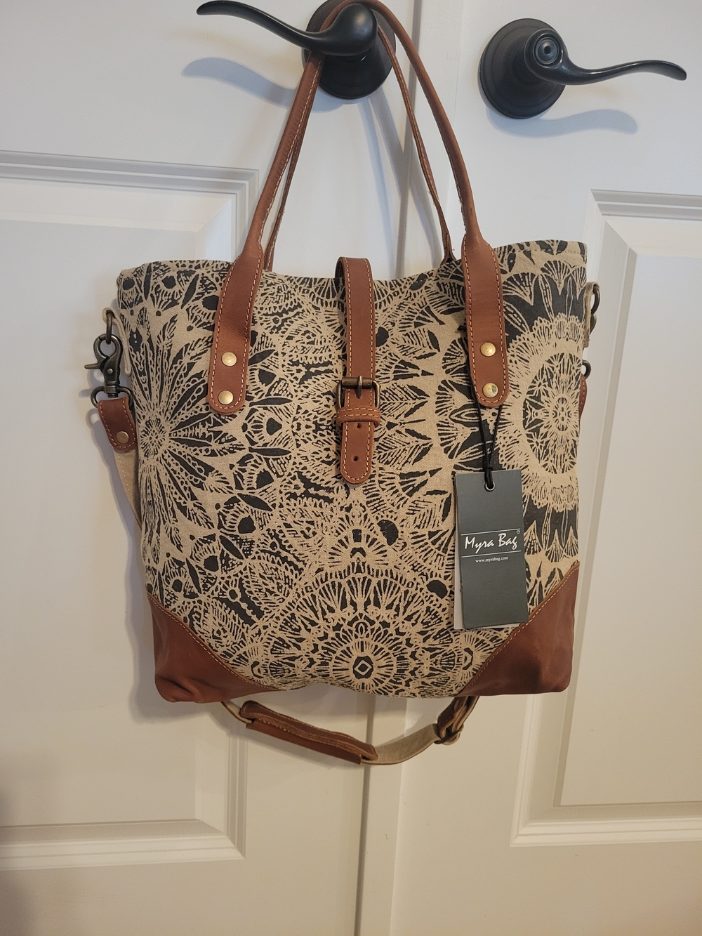 Myra Bag Beige and Brown Canvas Tote with Leather Trim